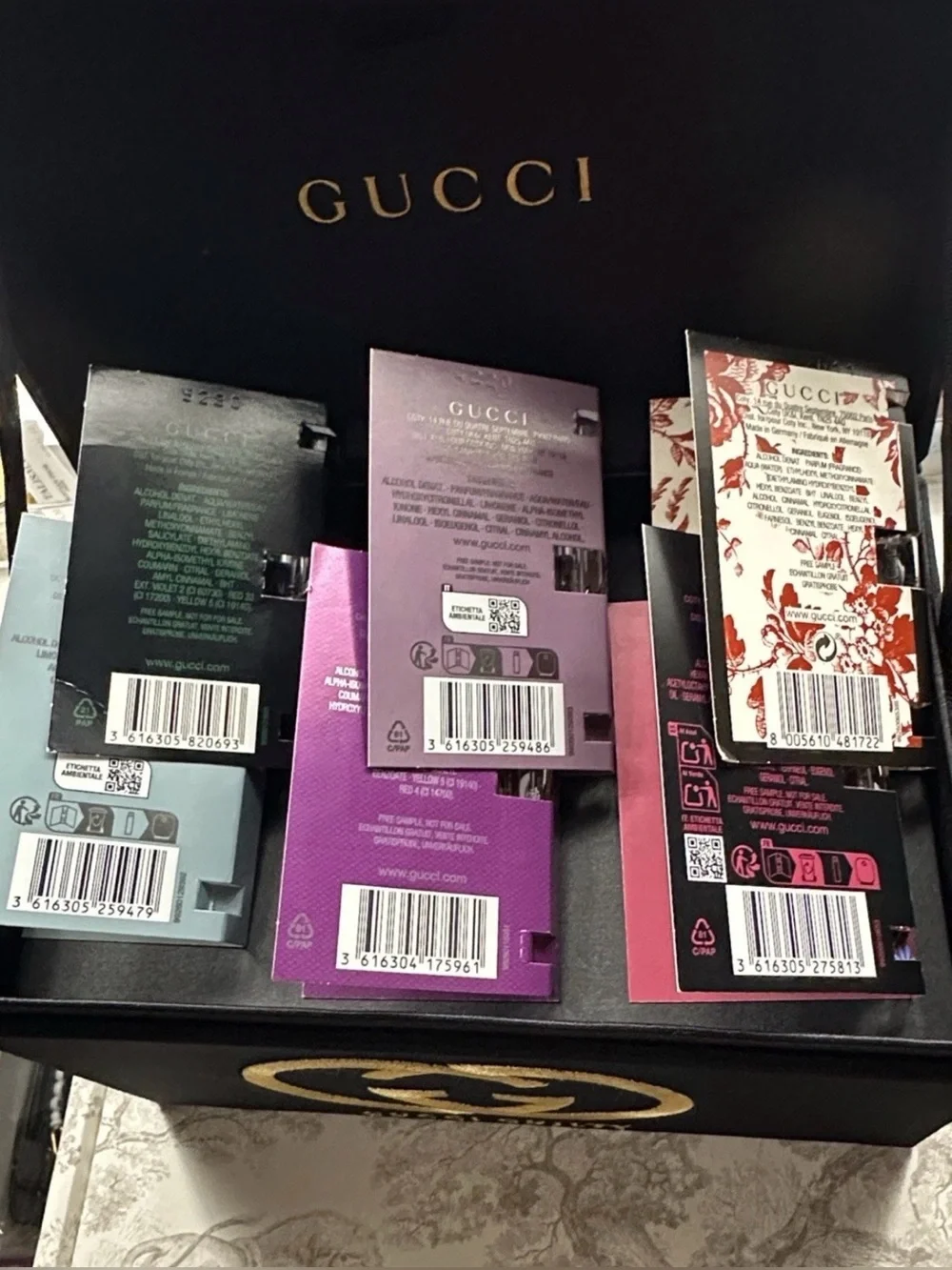 Gucci Black Gold Lined Luxury Fabric Box 🤩STUNNING🖤+6 Gucci Perfumes 1.5ml